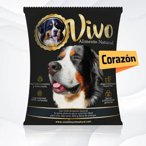 Comida natural para perros Vivo Corazón. Pollo y corazón de res para un corazón fuerte y lleno de energía.